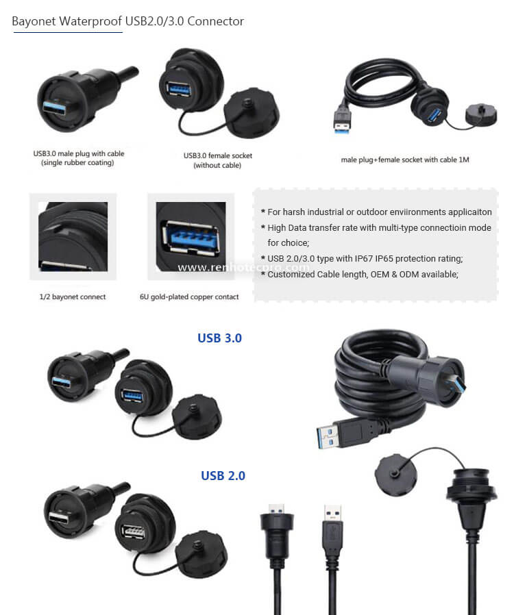 Waterproof USB Female Connector 3.0 Panel Mount Socket with Dustproof Cover - Renhotecpro.com