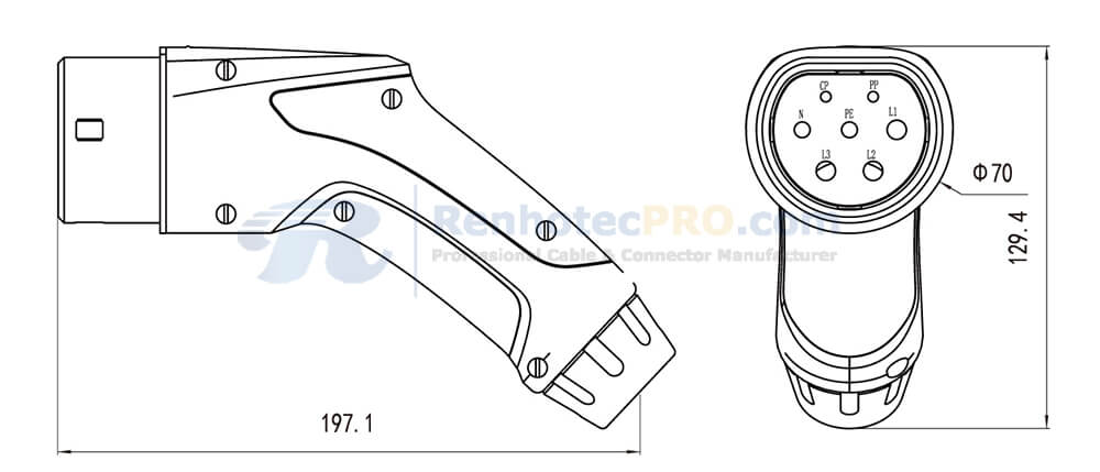 Type 2 Vehicle End Charging Plug Drawing