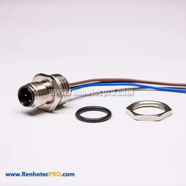 M12 3 Pole Male Contacts Bulkhead IP67 Waterproof Connector With Wires