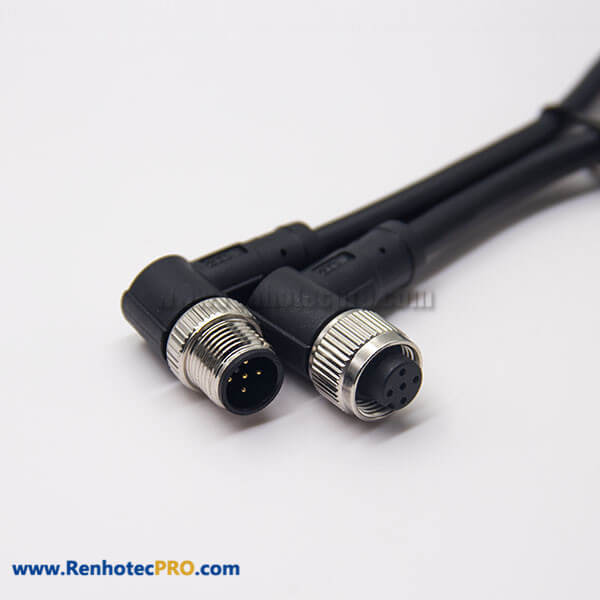 M12 5 Pin Right Angle Connector Unshielded Male to Female A-Coding