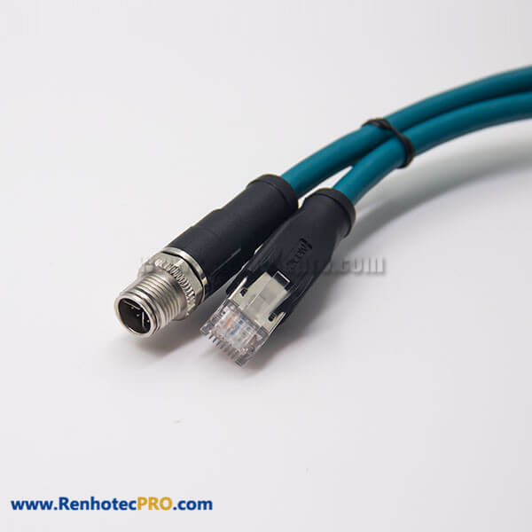 M12 X Coded to RJ45 Cable 180 Degree 8 Pin Male to RJ45 Male with Blue Plastic Cable Assembly