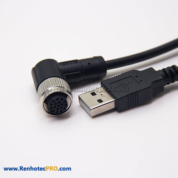 M12 17 Pin Cable Angled to USB Type A Male A Code Female Straight Cable Assembles
