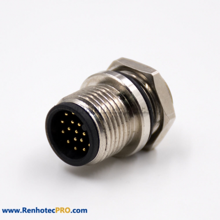 17 Pin M12 Cable A Code Male Straight Rear Bulkhead Waterproof Panel Receptacles Solder Type