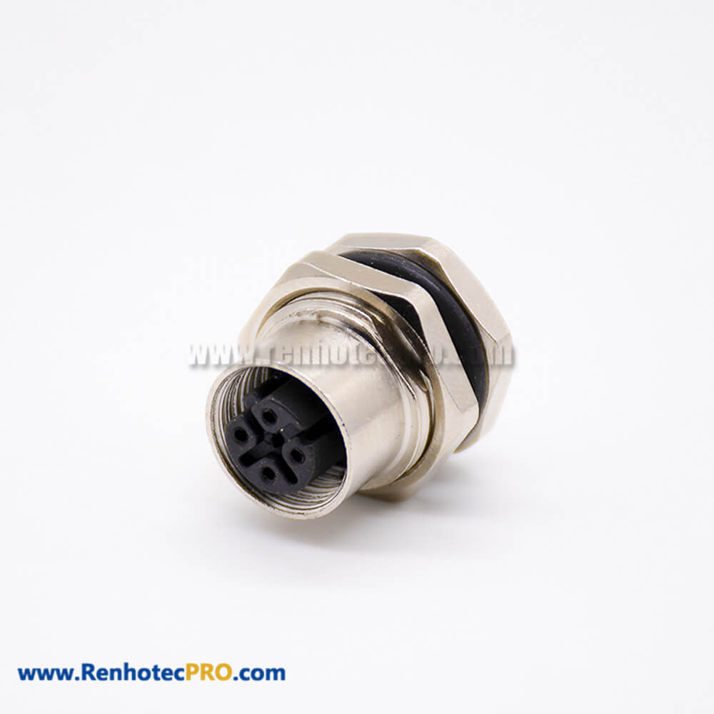 M12 Connector 4 Pin Female D Code Straight Solder Type Front Mount ...