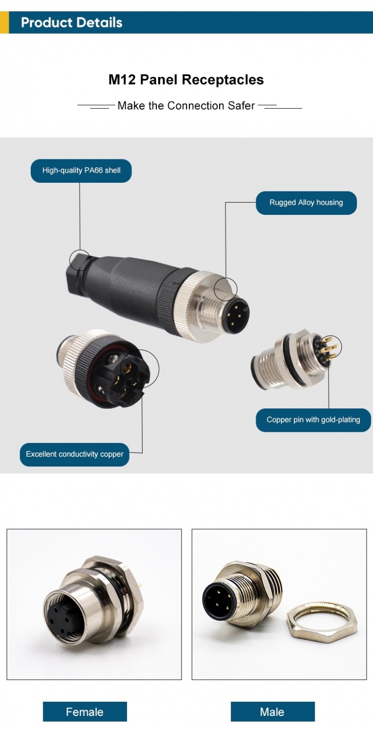 M12 Bulkhead Connector 8 Pin A Code Straight Through Hole