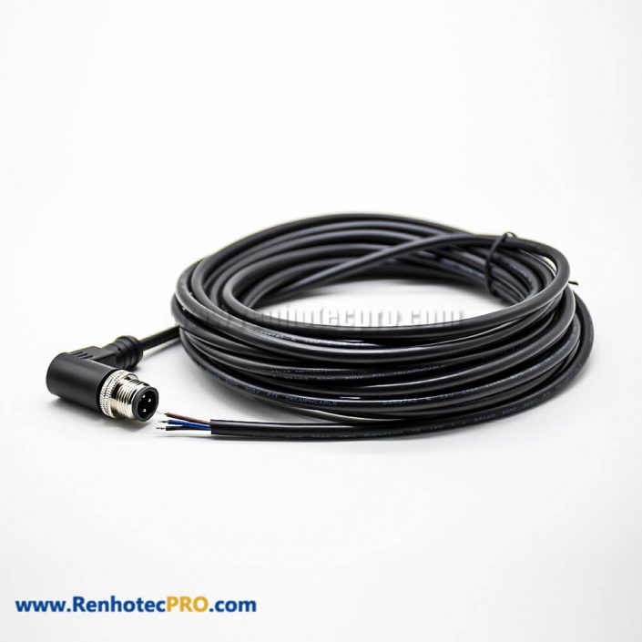 Male Cable Unshielded M12 Aviation Electrical Molded Cable 5M Right Angle 3Pin A Code Connector