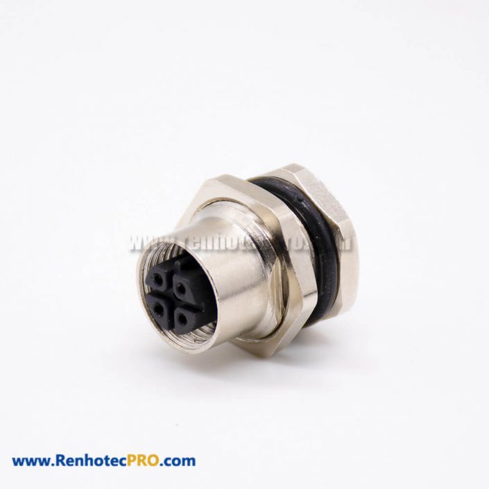 female 5 pin B code m12 connector straight front mount solder type