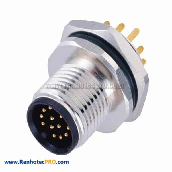 Male Straight M12 12Pin Circular Connector Panel Mount Socket With PCB Contacts