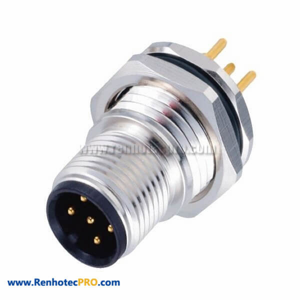 Male M12 Straight Panel Mount Connector 5 Position Front Mount Connector With PCB Contacts