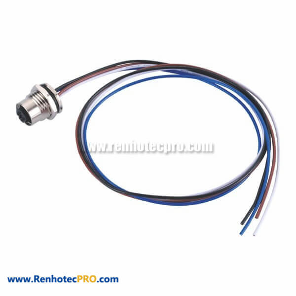 Female M12 4 Pin Connector Cable D-Coding Panel Front Mounting Connector With 1M AWG22 Wires