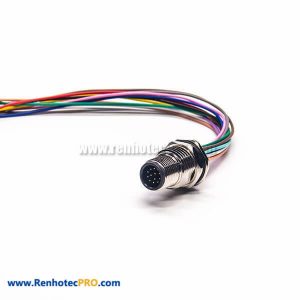 Sensor Connector M12 12 Pin Cable With Wires AWG26 30CM Male A Code Panel Mount Socket