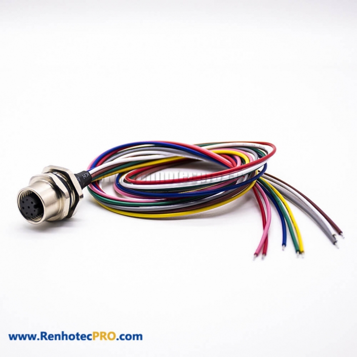 M12 8 Pin Female Sensor Receptacle Waterproof Connector Back Mount A Coded Straight Wiring 0.2M