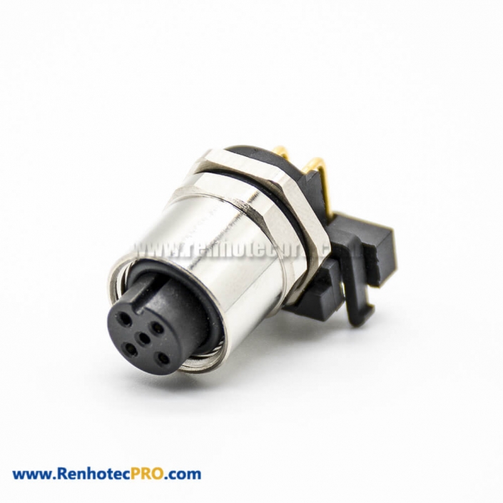 M12 Female Panel Mount Connector 5 Pin A Coding Right Angle Waterproof Back Mount PCB Mount