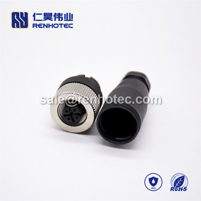 M12 Field Wireable Connector, D Code, 4pin, Female, Straight, Cable, Screw-Joint, Non-shield, Plastic, PG7 / PG9