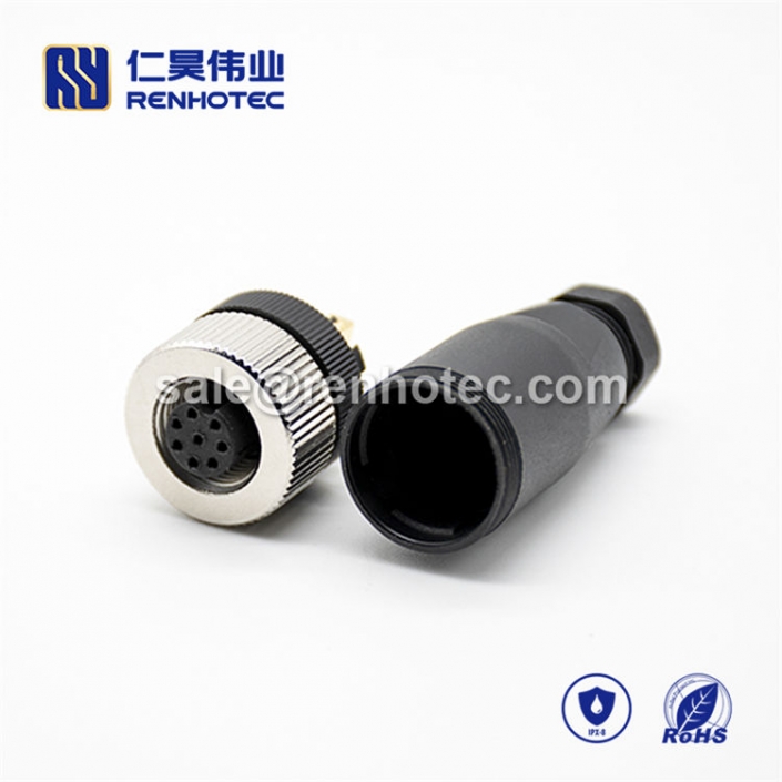 M12 Field Wireable Connector, A Code, 8pin, Female, Straight, Cable, Screw-Joint, Non-shield, Plastic, PG7 / PG9
