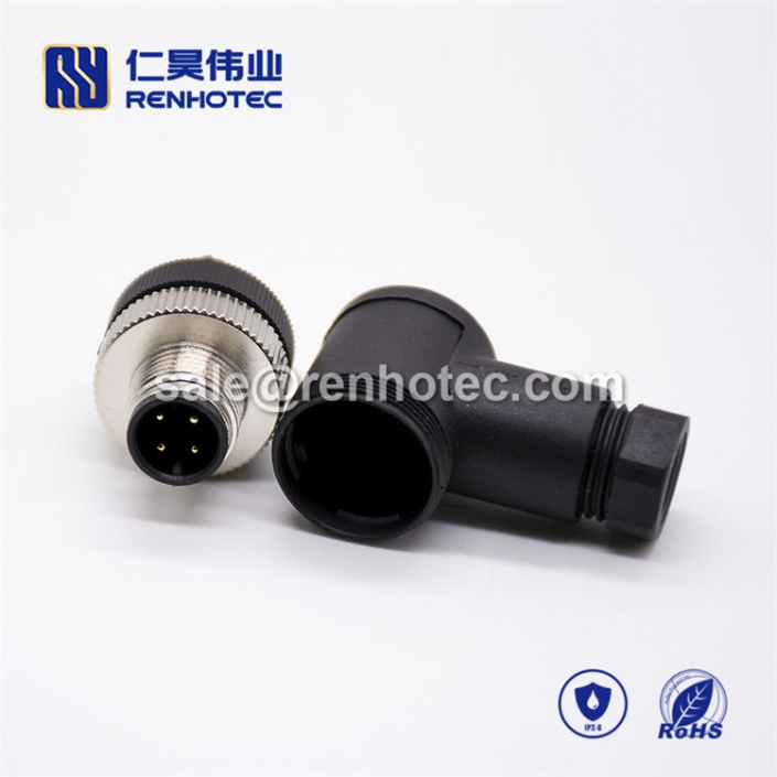 M12 Field Wireable Connector, A Code, 4pin, Male, Right Angle, Cable, Screw-Joint, Non-shield, Plastic, PG7 / PG9
