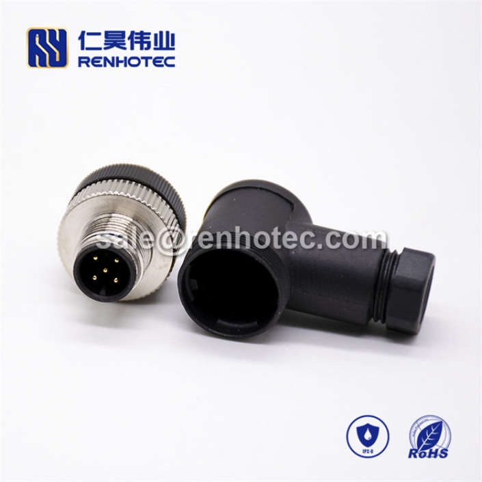 M12 Field Wireable Connector, A Code, 5pin, Male, Right Angle, Cable, Screw-Joint, Non-shield, Plastic, PG7 / PG9