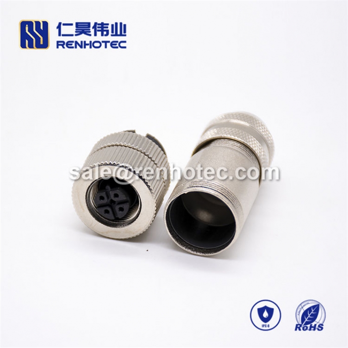 M12 Field Wireable Connector, B Code, 5pin, Female, Straight, Cable, Screw-Joint, Shield, Metal