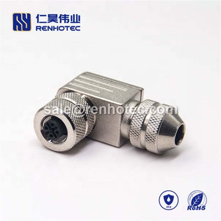 M12 Field Wireable Connector, A Code, 4pin, Female, Right Angle, Cable, Screw-Joint, Shield, Metal