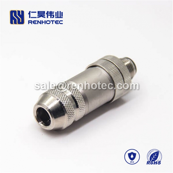 M12 Field Wireable Connector, B Code, 5pin, Male, Straight, Cable, Screw-Joint, Shield, Metal