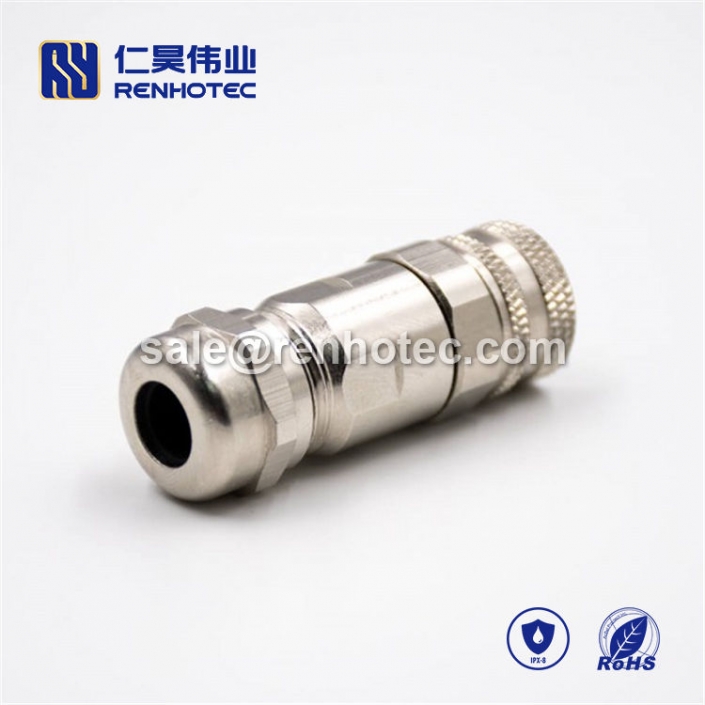 M12 Field Wireable Connector, A Code, 8pin, Female, Straight, Cable, Screw-Joint, Shield, Metal,