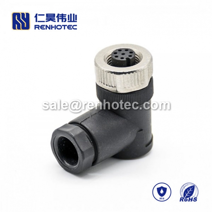 M12 Field Wireable Connector, A Code, 8pin, Female, Right Angle, Cable, Screw-Joint, Non-shield, Plastic, PG7 / PG9