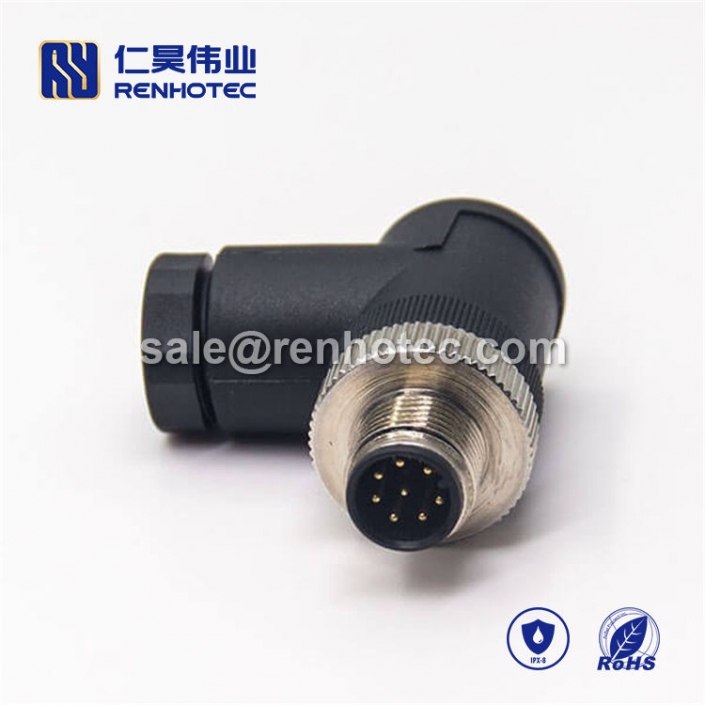 M12 Field Wireable Connector, A Code, 8pin, Male, Right Angle, Cable, Screw-Joint, Non-shield, Plastic, PG7 / PG9