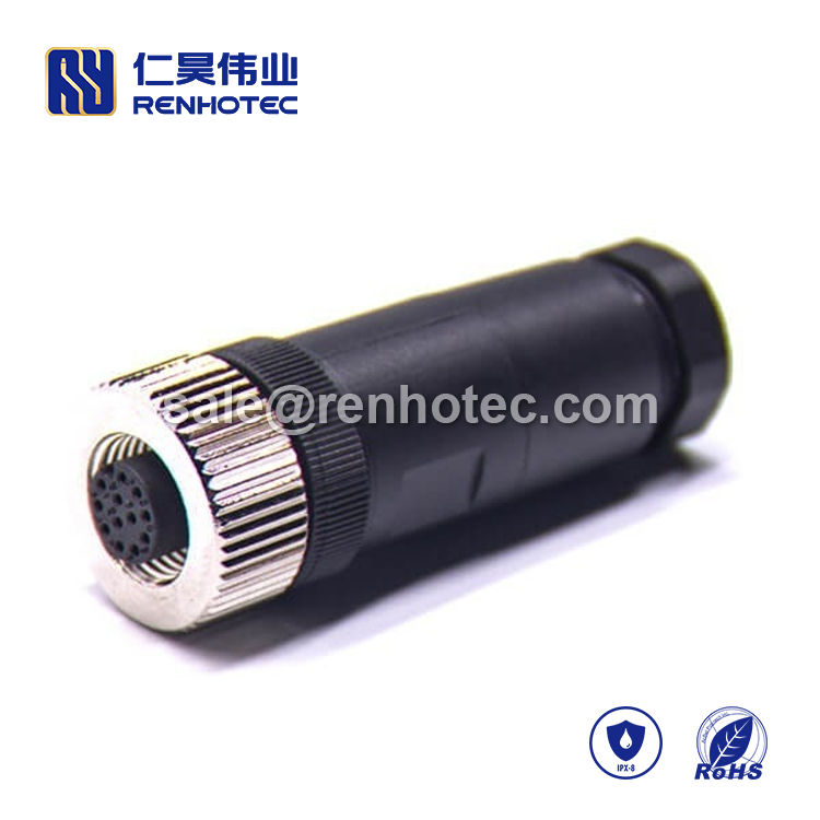 M12 Field Wireable Connector, A Code, 12pin, Female, Straight, Cable, Screw-Joint, Non-shield, Plastic, PG7 / PG9