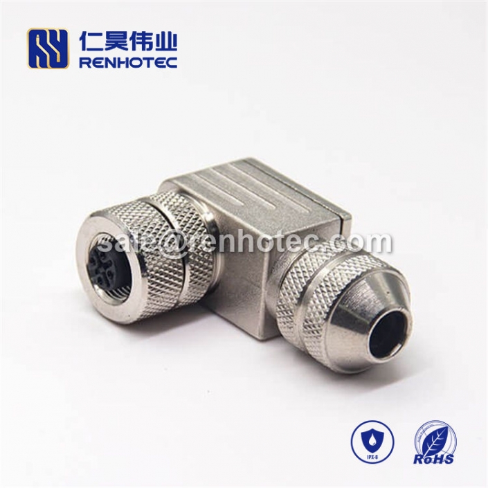 M12 Field Wireable Connector, A Code, 5pin, Female, Right Angle, Cable, Screw-Joint, Shield, Metal