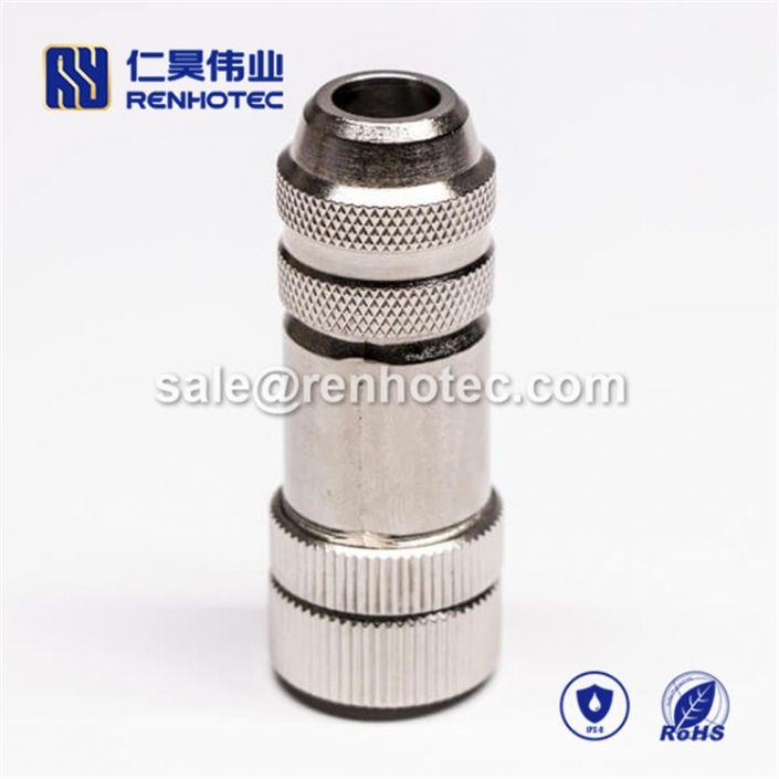 M12 Field Wireable Connector, A Code, 4pin, Female, Straight, Cable, Screw-Joint, Shield, Metal