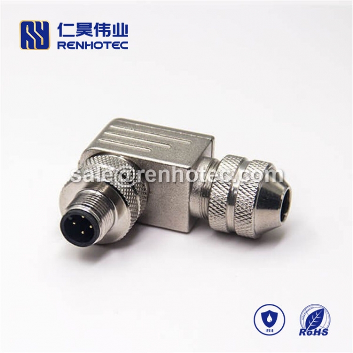 M12 Field Wireable Connector A Code 4pin Male Right Angle Shield Metal