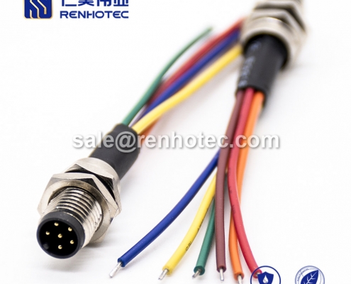 M8 Wire Harness, A Code, 6pin, Male, Straight, Cable, Solder, Front Mount, Single Ended Cable