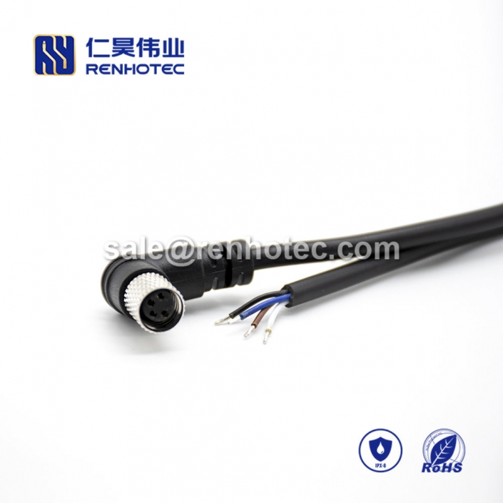 M8 Overmolded Cable, , 4pin, Female, Right Angle, Cable, Solder, Single Ended Cable, , 24AWG, 1M