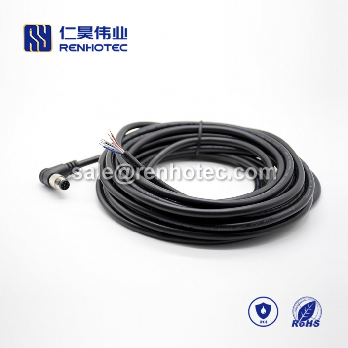 M8 Overmolded Cable, A Code, 6pin, Male, Right Angle, Cable, Solder, Single Ended Cable, , 26AWG