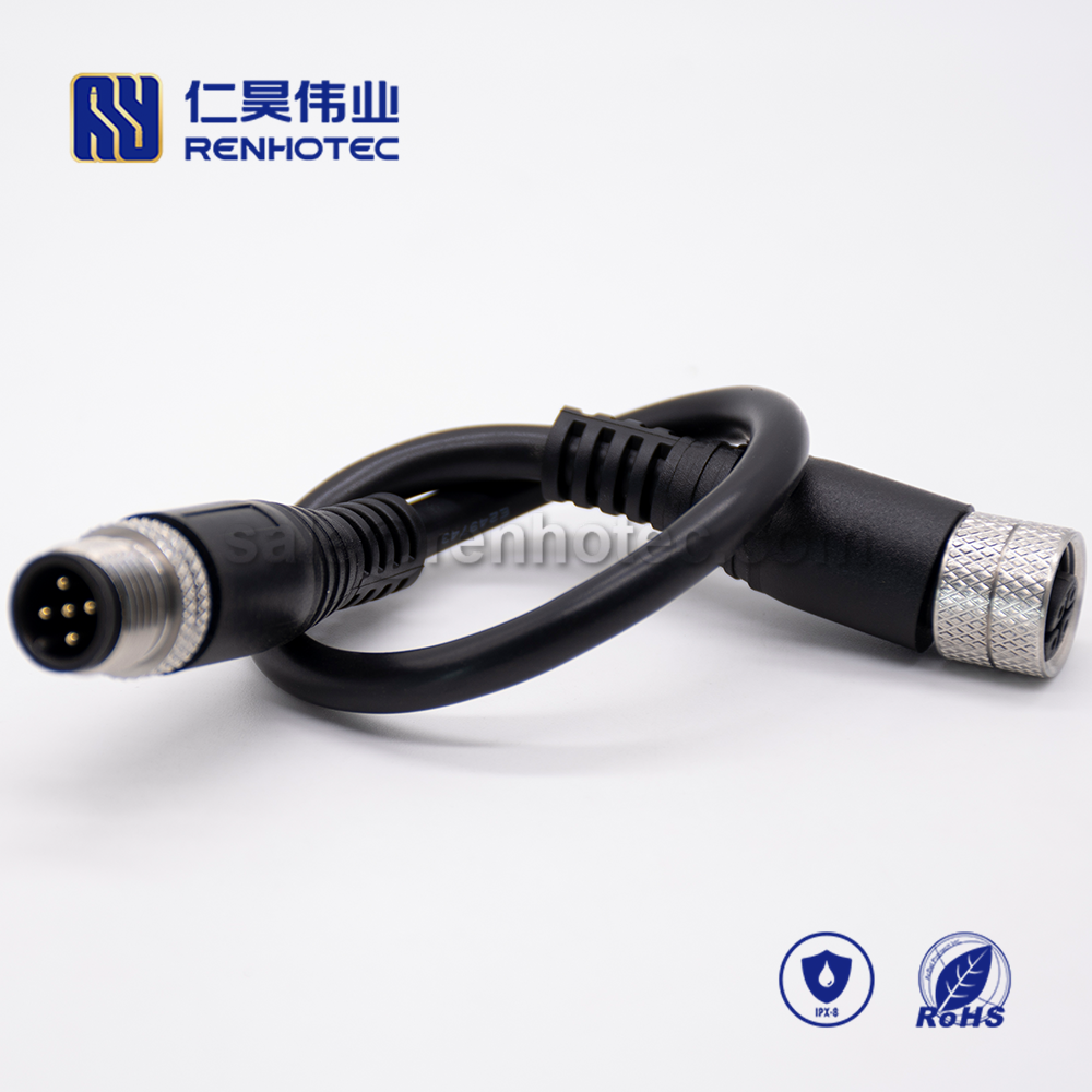 M12 Overmolded Cable, A Code, 5pin, Male to Female, Straight, Cable, Solder, Double Ended Cable, Stainless steel Shell, , M12 Power Cable