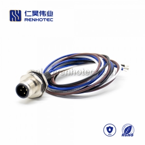M12 Wire Harness, A Code, 4pin, Male, Straight, Cable, Solder, Back Mount, Single Ended Cable, , AWG22, 0.2M, PG9, M12 Power Cable