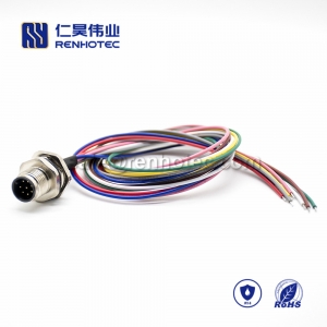 M12 Wire Harness A Code 8pin Male Straight Solder Back Mount 0.2M Single Ended Power Cable AWG24 PG9