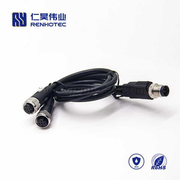 M12 Overmolded Cable, A Code, 5pin, 1 Male to 2 Female, Straight, Cable, Solder, Double Ended Cable, M12 to M12, , 1M,M12 Power Cable