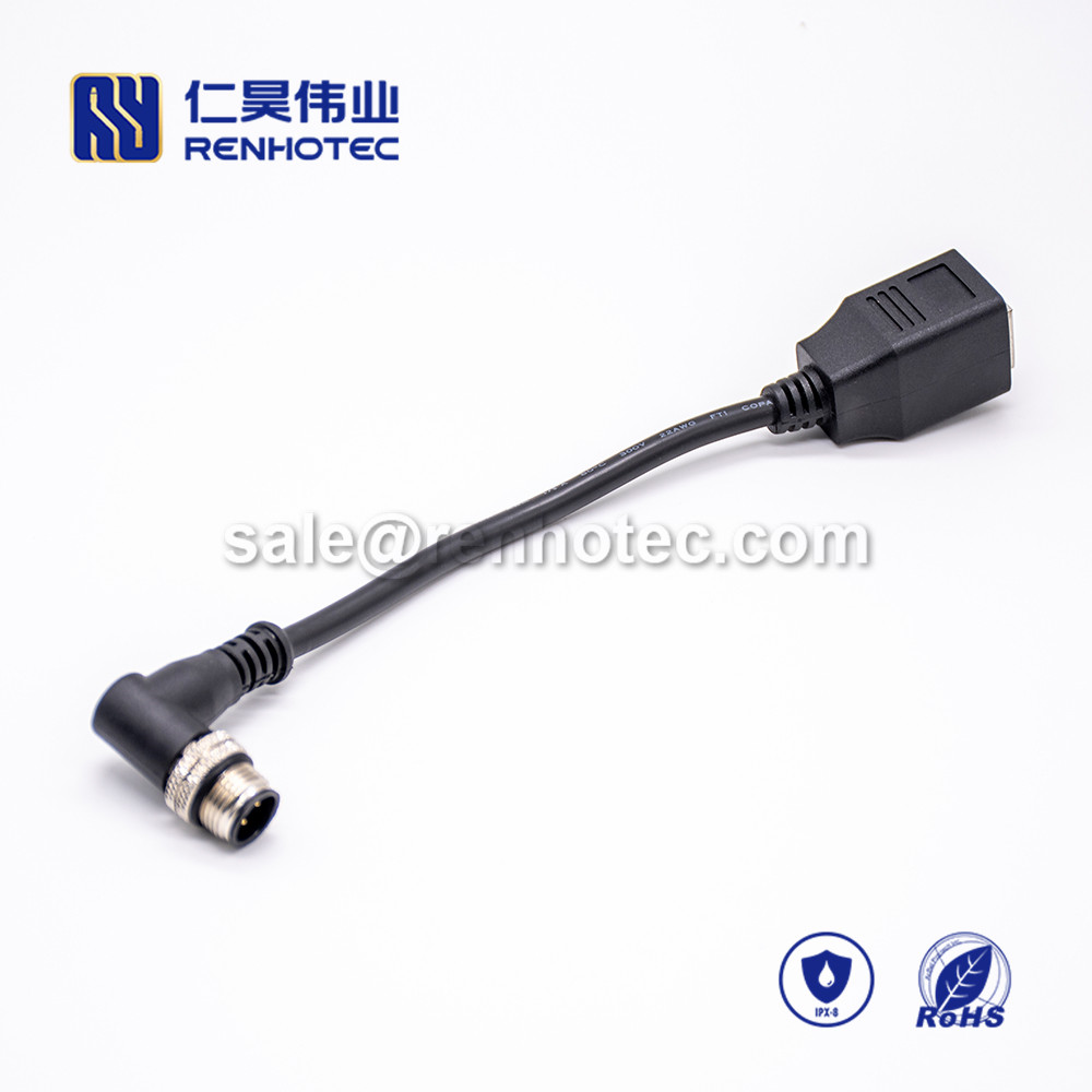 M12 Overmolded Cable, A Code, 4pin, Male to Female, Right Angle to Straight, Cable, Solder, Double Ended Cable, M12 to RJ45,M12 Power Cable