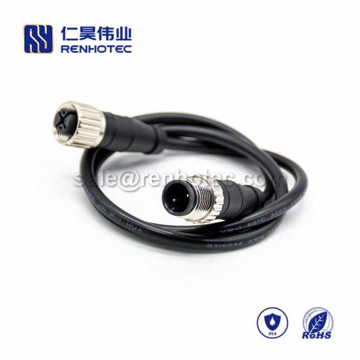 M12 Overmolded Cable, A Code, 2pin, Male to Female, Straight, Cable, Solder, Double Ended Cable, M12 to M12, M12 Power Cable,