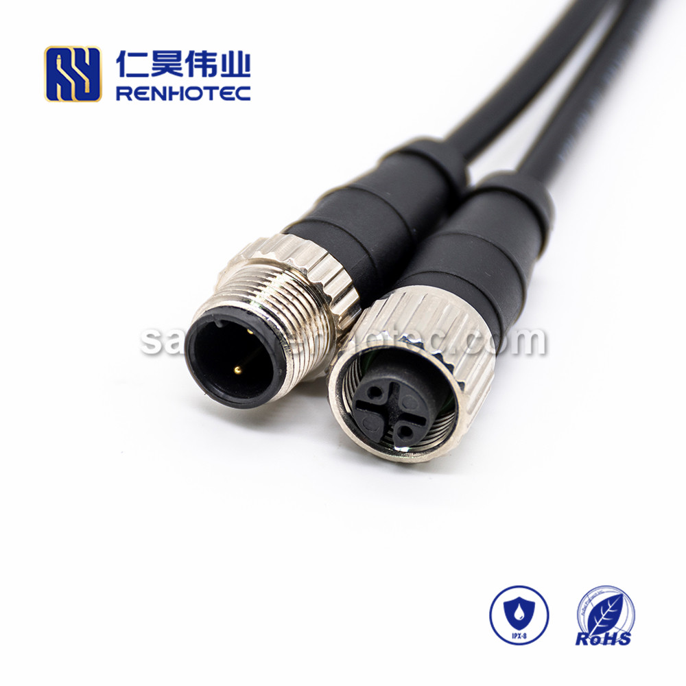 M12 Overmolded Cable, A Code, 2pin, Male to Female, Straight, Cable, Solder, Double Ended Cable, M12 to M12, M12 Power Cable,