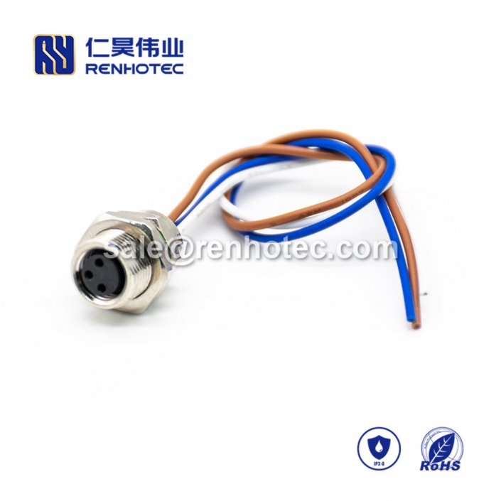 M8 Wire Harness, A Code, 3pin, Female, Straight, Cable, Solder, Front Mount, Single Ended Cable