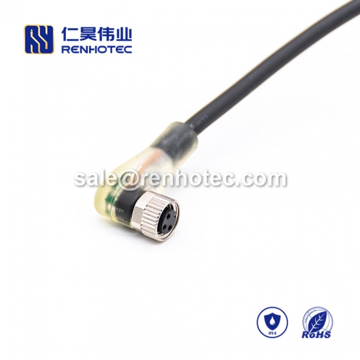 M8 Overmolded Cable 3pin Female Right Angle Solder Single Ended Cable 26AWG