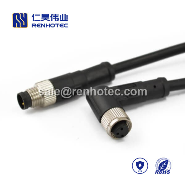 M8 Overmolded Cable, , 3pin, Male to Female, Straight to Right Angle, Cable, Solder, Double Ended Cable, M8 to M8, 24AWG, 1M